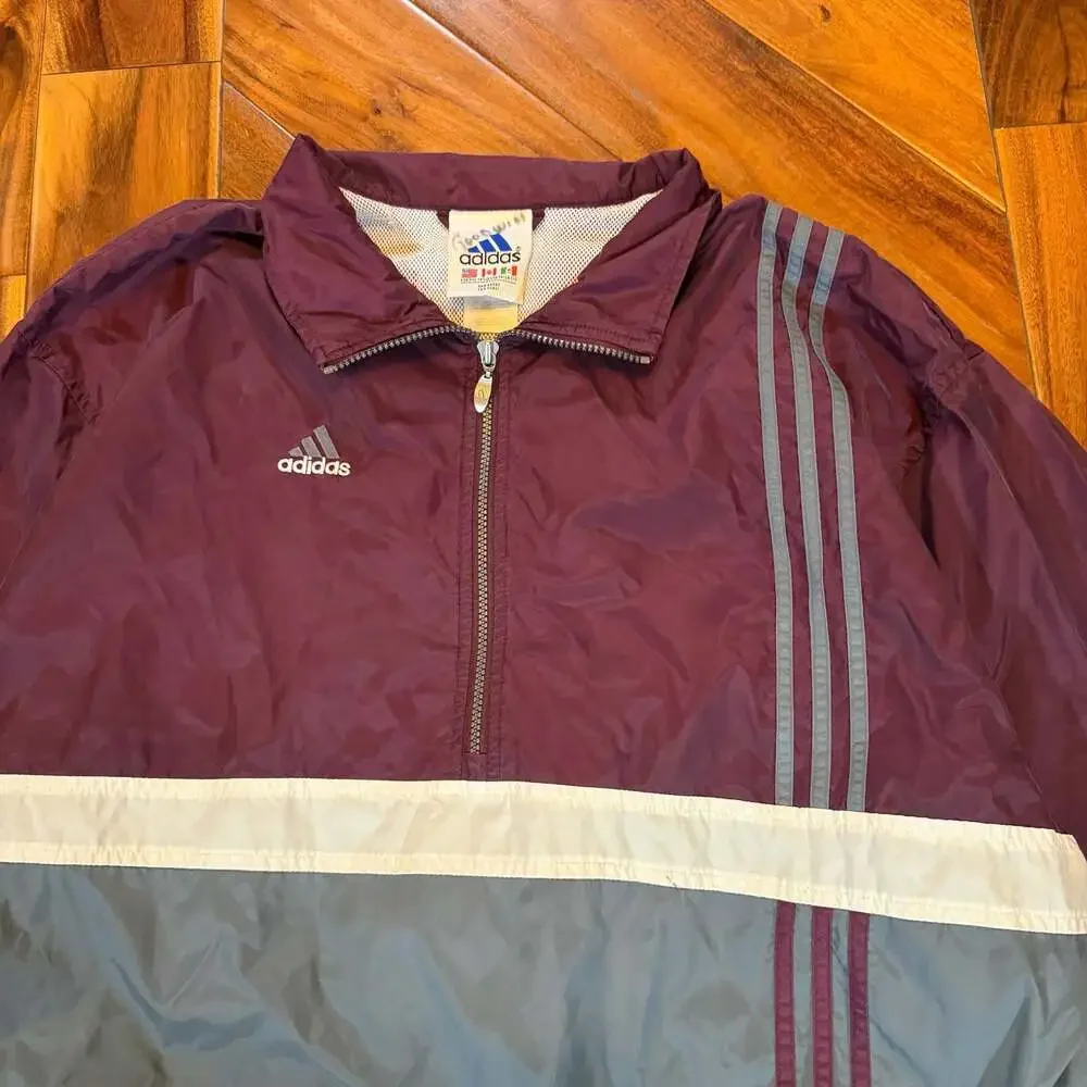 Vintage Adidas 90s Quarter Zip Pullover Windbreaker Jacket Burgundy and Grey